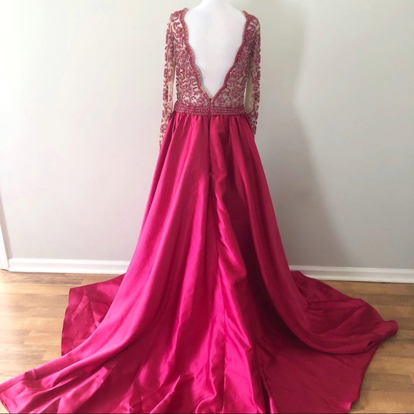 Jovani Pink Red Jeweled Long Sleeve Mermaid Dress 14 Formal Pageant Prom 46708 - Picture 8 of 13